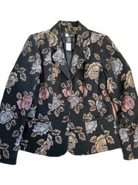 Womens First Option Vintage Jacquard Floral Tapestry Blazer M Black Dark Brocade